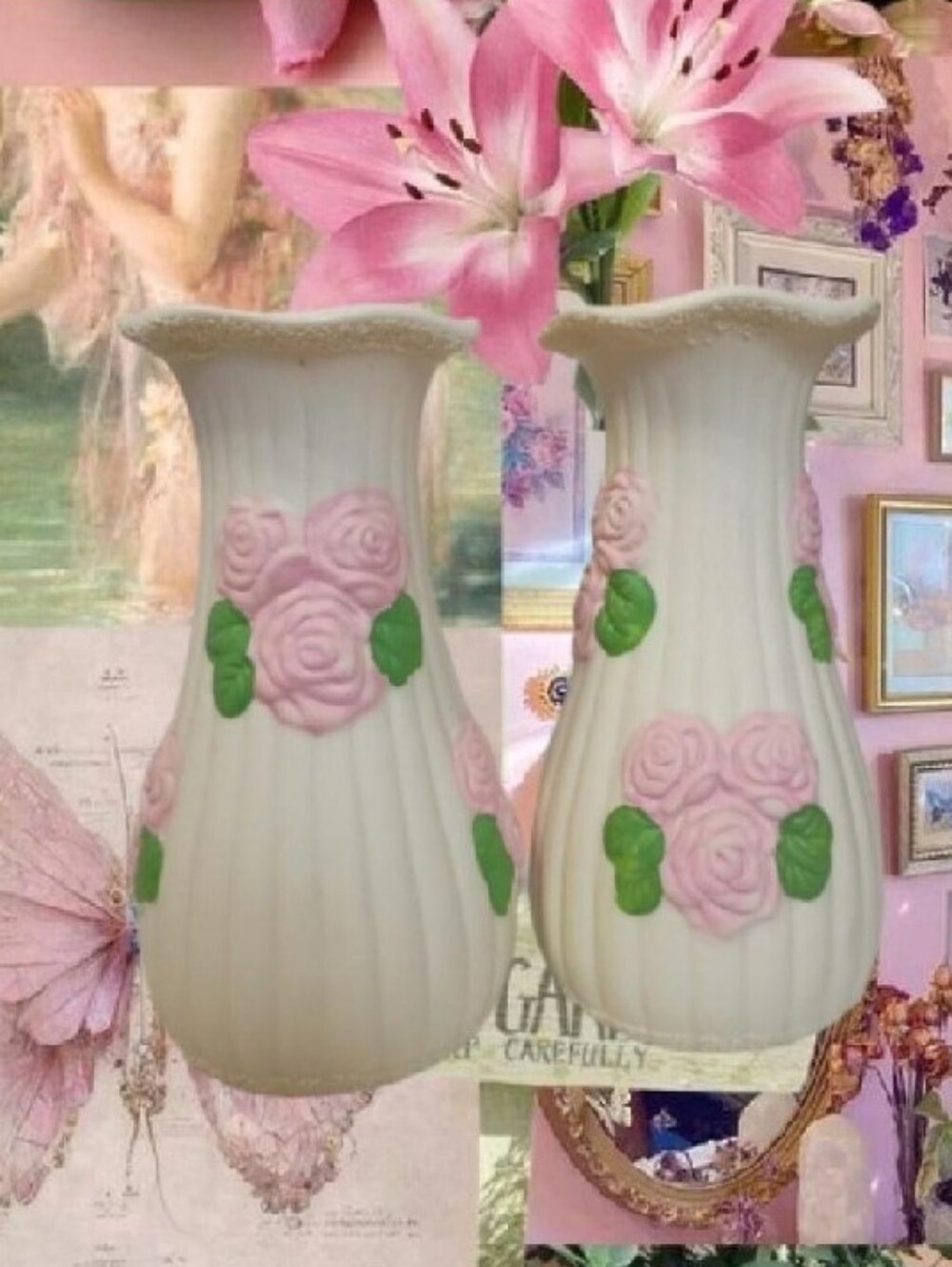 Vintage Set Of 2 Cream Colored Ceramic Vases W/ 3D Pink Rose Accents